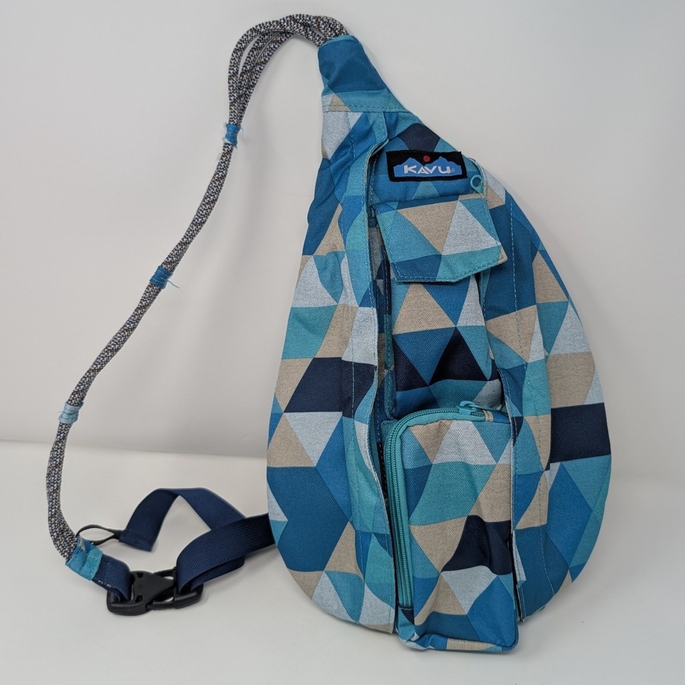 KAVU Rope Sling Bag Blue Geometric Mosaic Polyester Crossbody Backpack